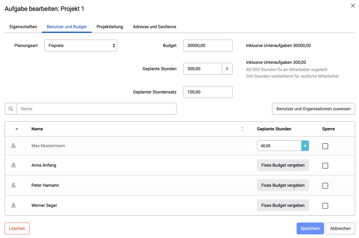 Projektbudget hinterlegen